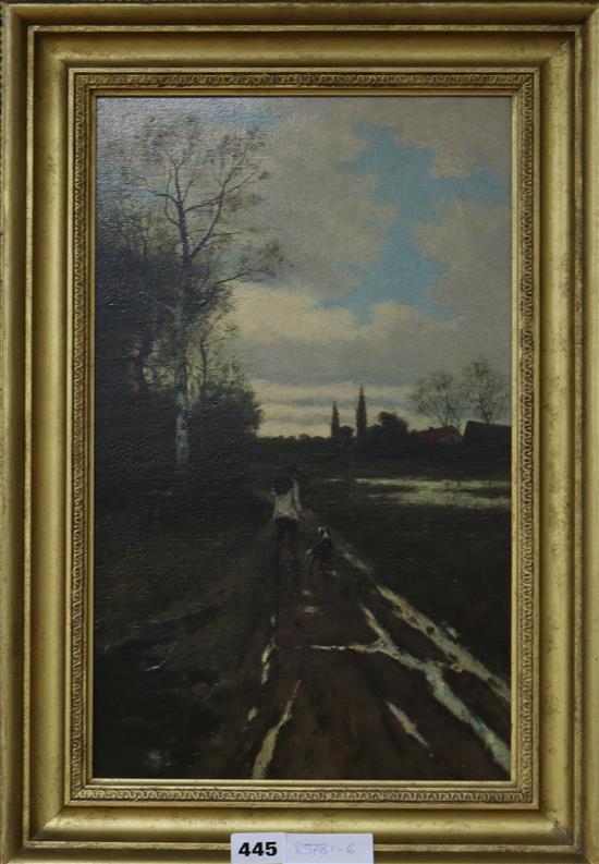 English School, oil on canvas, shepherd and dog on a lane, 39 x 24cm